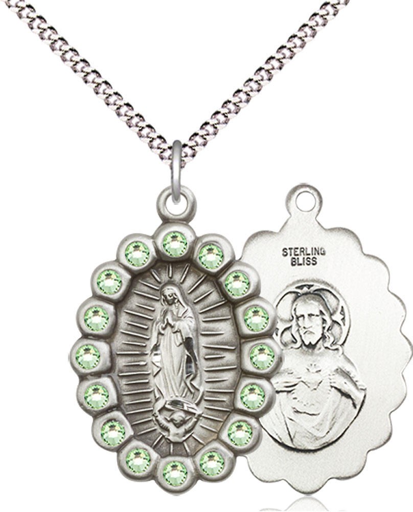 Sterling Silver Our Lady of Guadalupe Pendant with Peridot Swarovski stones on a 18 inch Light Rhodium Light Curb chain