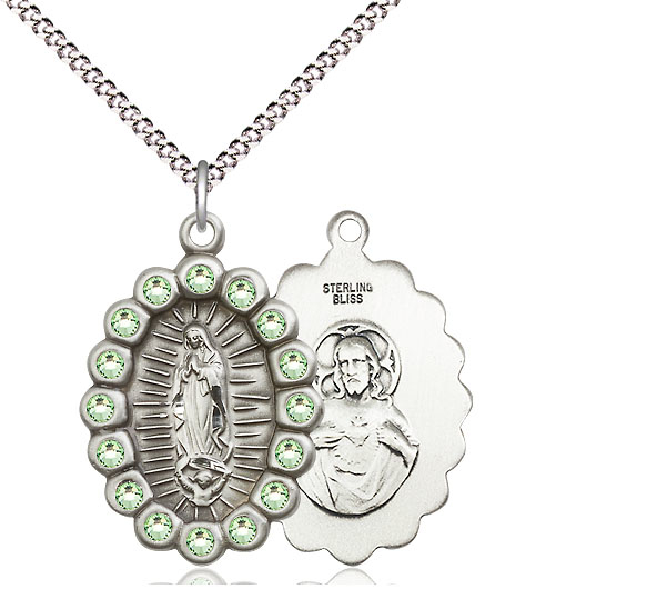 Sterling Silver Our Lady of Guadalupe Pendant with Peridot Swarovski stones on a 18 inch Light Rhodium Light Curb chain