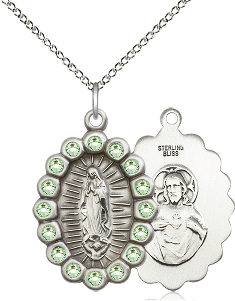 Sterling Silver Our Lady of Guadalupe Pendant with Peridot Swarovski stones on a 18 inch Sterling Silver Light Curb chain