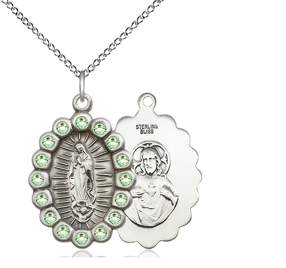 Sterling Silver Our Lady of Guadalupe Pendant with Peridot Swarovski stones on a 18 inch Sterling Silver Light Curb chain