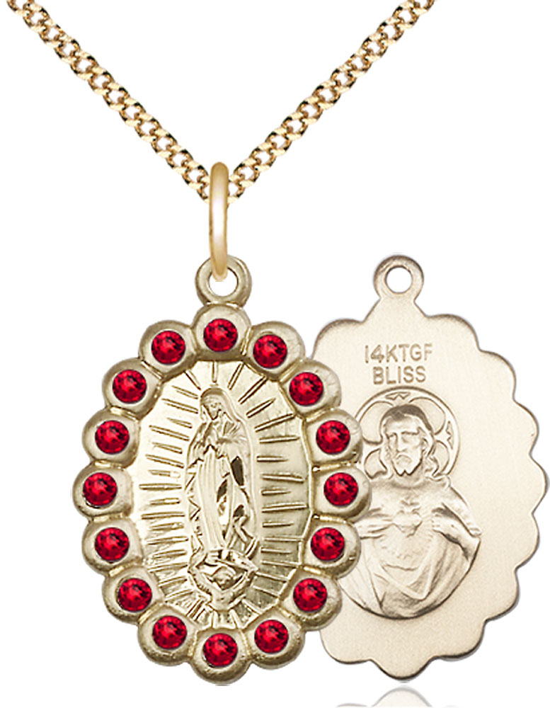 14kt Gold Filled Our Lady of Guadalupe Pendant with Ruby Swarovski stones on a 18 inch Gold Plate Light Curb chain