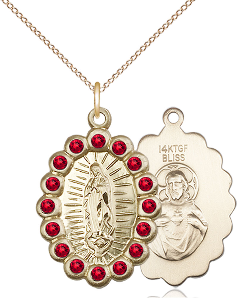 14kt Gold Filled Our Lady of Guadalupe Pendant with Ruby Swarovski stones on a 18 inch Gold Filled Light Curb chain
