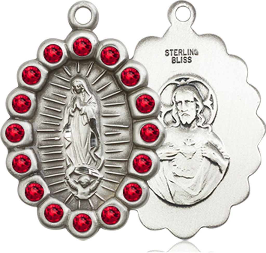 Sterling Silver Our Lady of Guadalupe Medal with Ruby Swarovski stones
