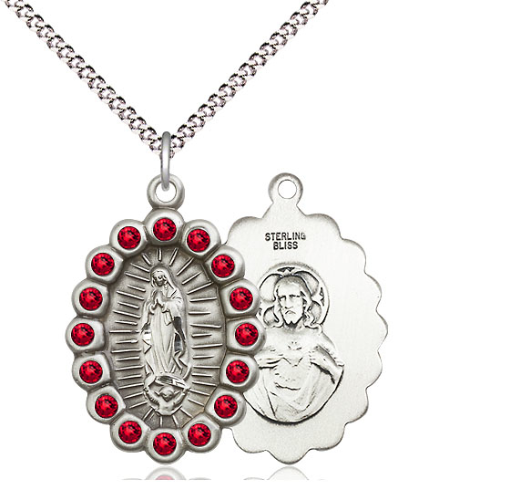 Sterling Silver Our Lady of Guadalupe Pendant with Ruby Swarovski stones on a 18 inch Light Rhodium Light Curb chain