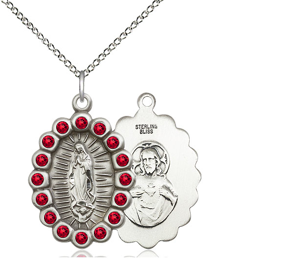 Sterling Silver Our Lady of Guadalupe Pendant with Ruby Swarovski stones on a 18 inch Sterling Silver Light Curb chain