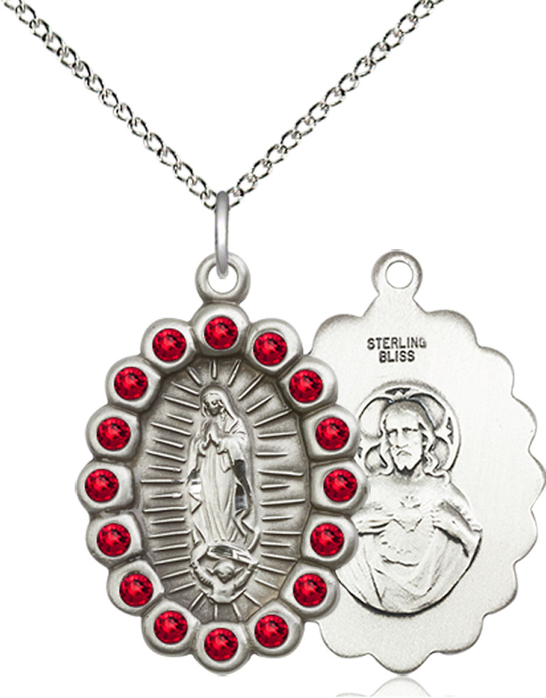 Sterling Silver Our Lady of Guadalupe Pendant with Ruby Swarovski stones on a 18 inch Sterling Silver Light Curb chain