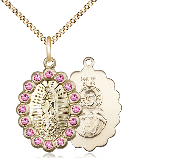 14kt Gold Filled Our Lady of Guadalupe Pendant with Rose Swarovski stones on a 18 inch Gold Plate Light Curb chain