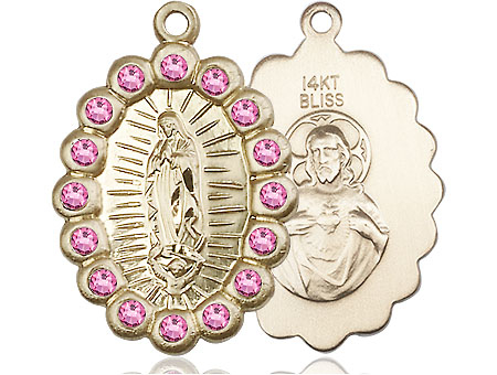 14kt Gold Our Lady of Guadalupe Medal with Rose Swarovski stones