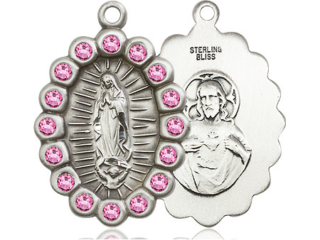 Sterling Silver Our Lady of Guadalupe Medal with Rose Swarovski stones