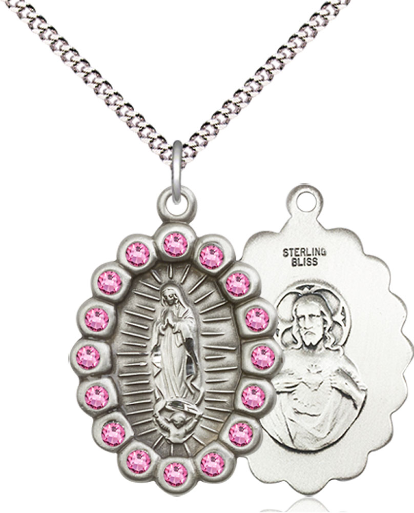 Sterling Silver Our Lady of Guadalupe Pendant with Rose Swarovski stones on a 18 inch Light Rhodium Light Curb chain