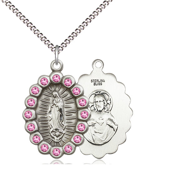Sterling Silver Our Lady of Guadalupe Pendant with Rose Swarovski stones on a 18 inch Light Rhodium Light Curb chain