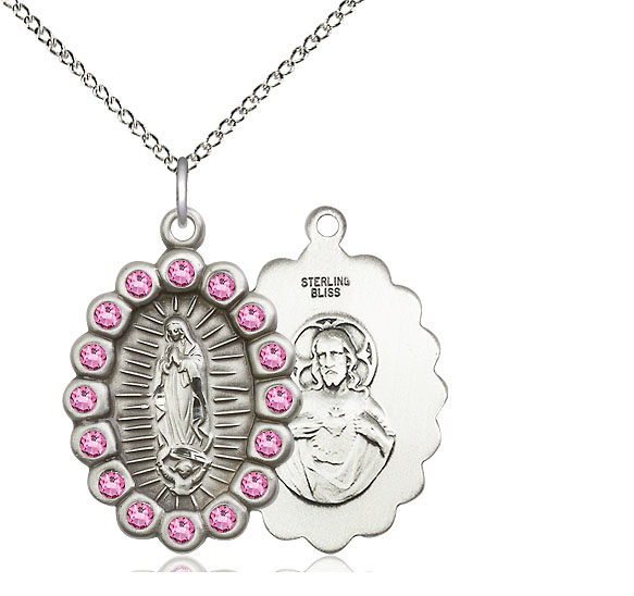 Sterling Silver Our Lady of Guadalupe Pendant with Rose Swarovski stones on a 18 inch Sterling Silver Light Curb chain