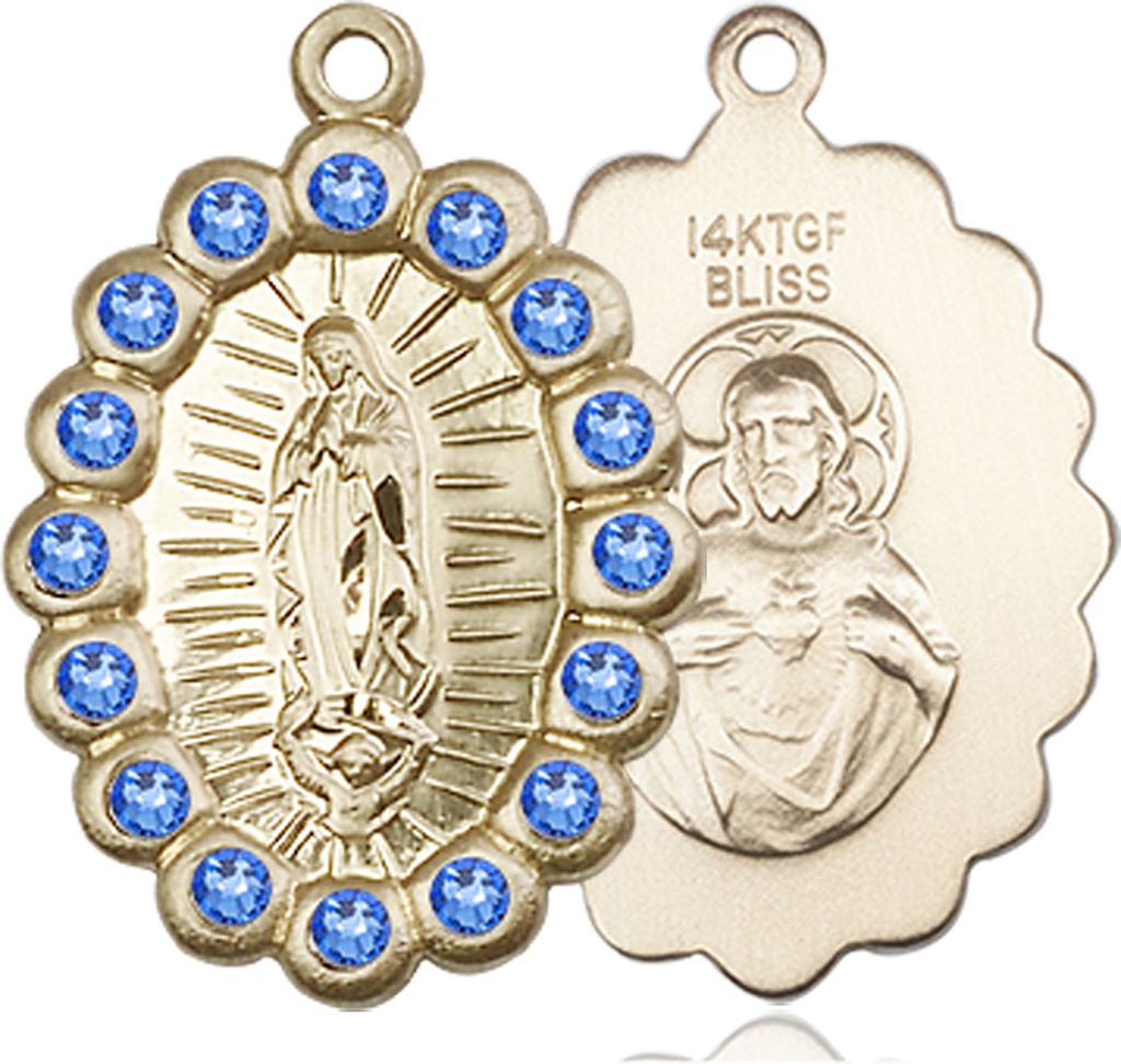 14kt Gold Filled Our Lady of Guadalupe Medal with Sapphire Swarovski stones