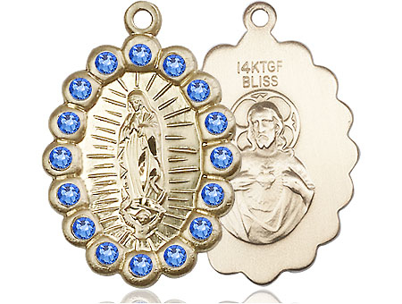 14kt Gold Filled Our Lady of Guadalupe Medal with Sapphire Swarovski stones