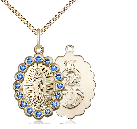 14kt Gold Filled Our Lady of Guadalupe Pendant with Sapphire Swarovski stones on a 18 inch Gold Plate Light Curb chain