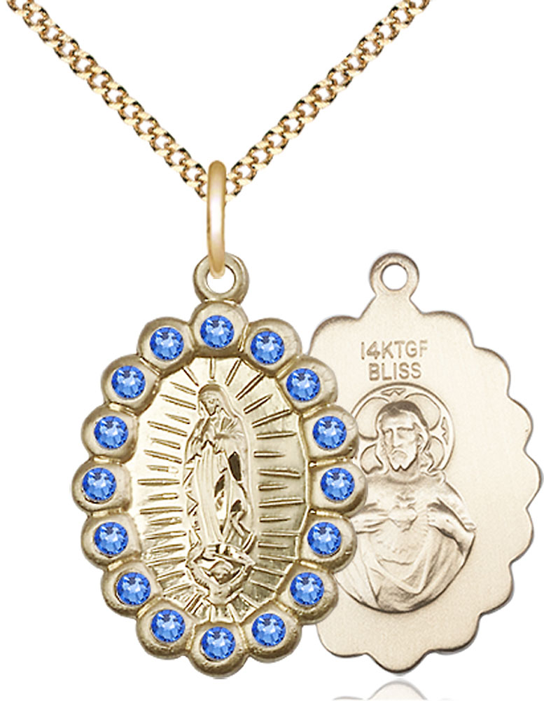 14kt Gold Filled Our Lady of Guadalupe Pendant with Sapphire Swarovski stones on a 18 inch Gold Plate Light Curb chain