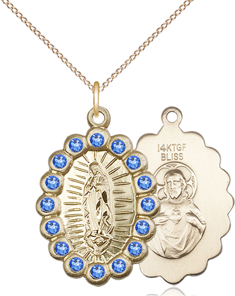 14kt Gold Filled Our Lady of Guadalupe Pendant with Sapphire Swarovski stones on a 18 inch Gold Filled Light Curb chain