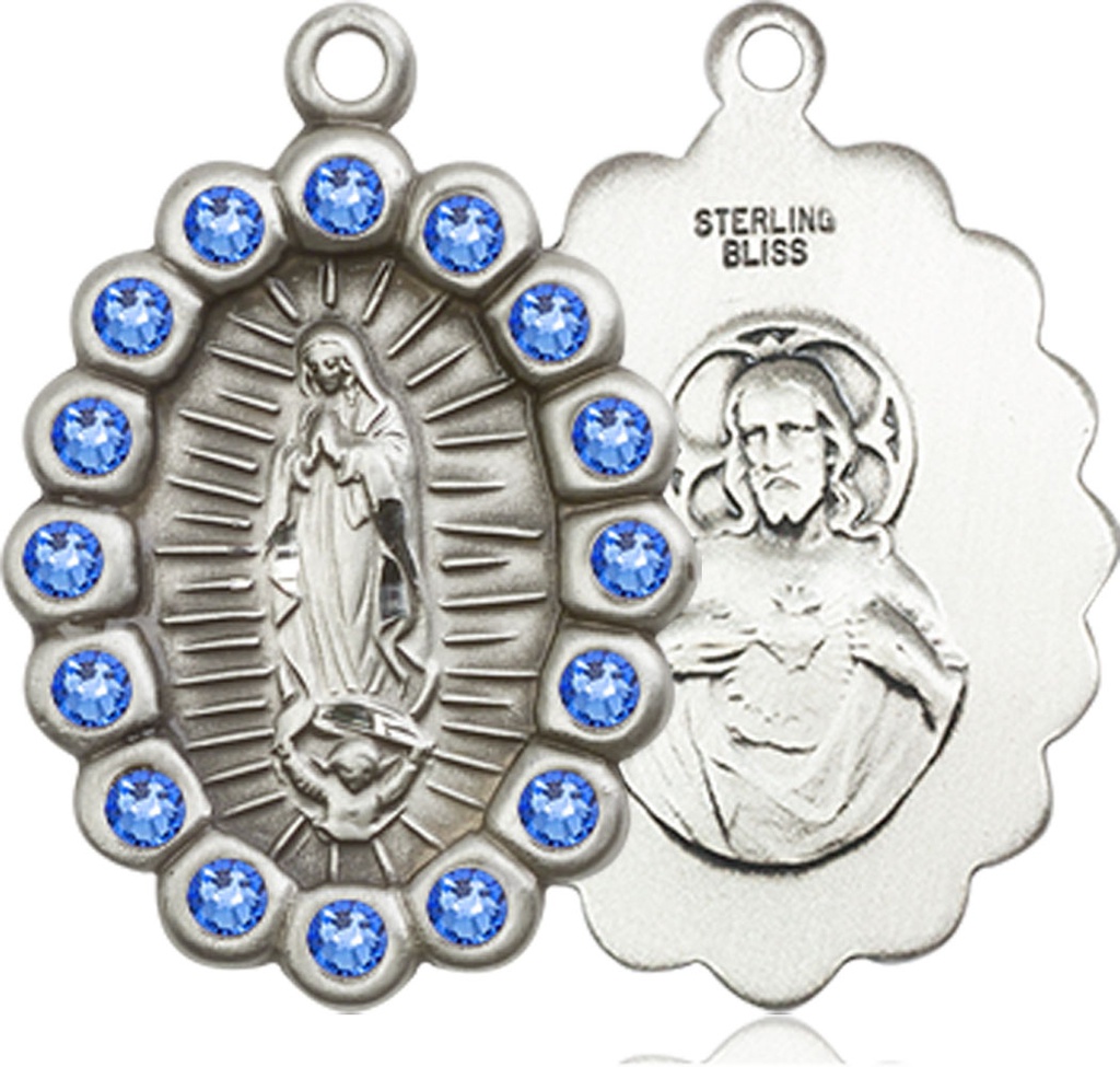 Sterling Silver Our Lady of Guadalupe Medal with Sapphire Swarovski stones