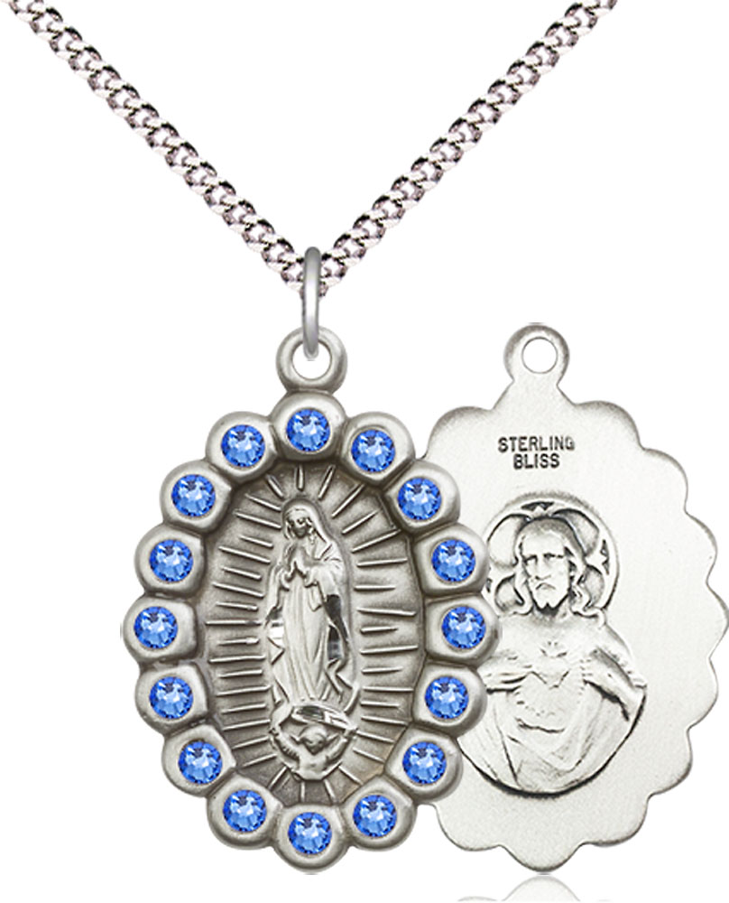 Sterling Silver Our Lady of Guadalupe Pendant with Sapphire Swarovski stones on a 18 inch Light Rhodium Light Curb chain