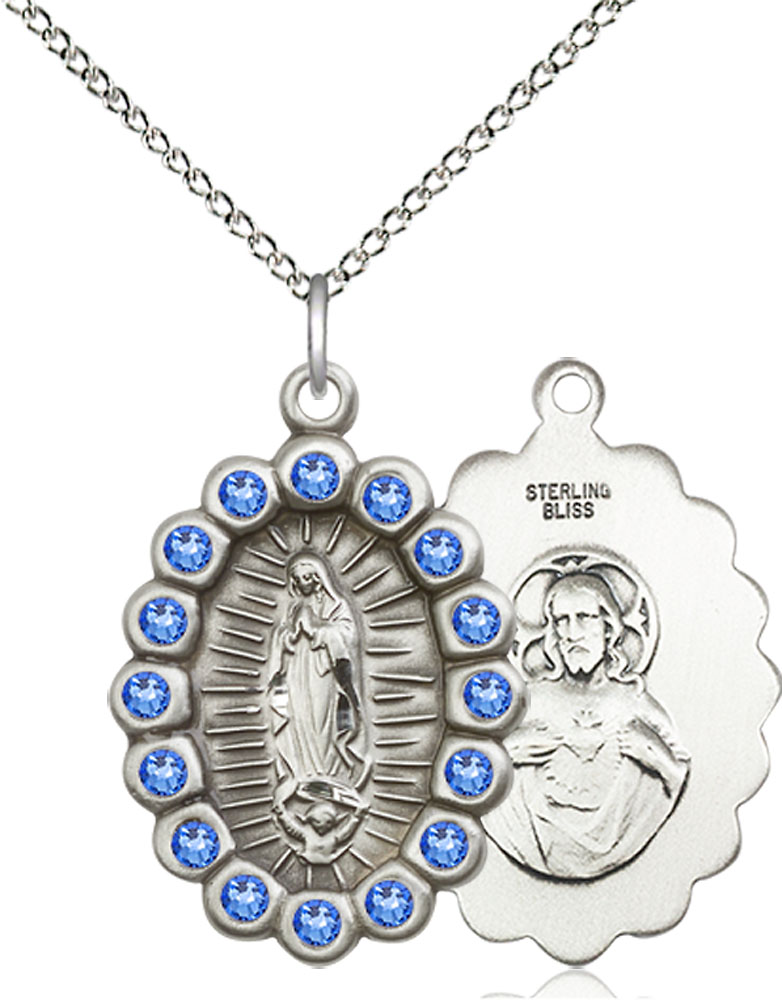 Sterling Silver Our Lady of Guadalupe Pendant with Sapphire Swarovski stones on a 18 inch Sterling Silver Light Curb chain