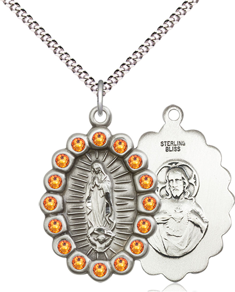 Sterling Silver Our Lady of Guadalupe Pendant with Topaz Swarovski stones on a 18 inch Light Rhodium Light Curb chain