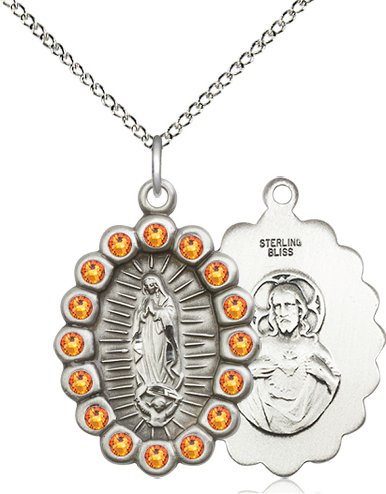 Sterling Silver Our Lady of Guadalupe Pendant with Topaz Swarovski stones on a 18 inch Sterling Silver Light Curb chain