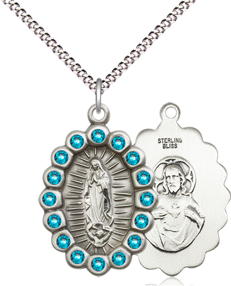 Sterling Silver Our Lady of Guadalupe Pendant with Zircon Swarovski stones on a 18 inch Light Rhodium Light Curb chain