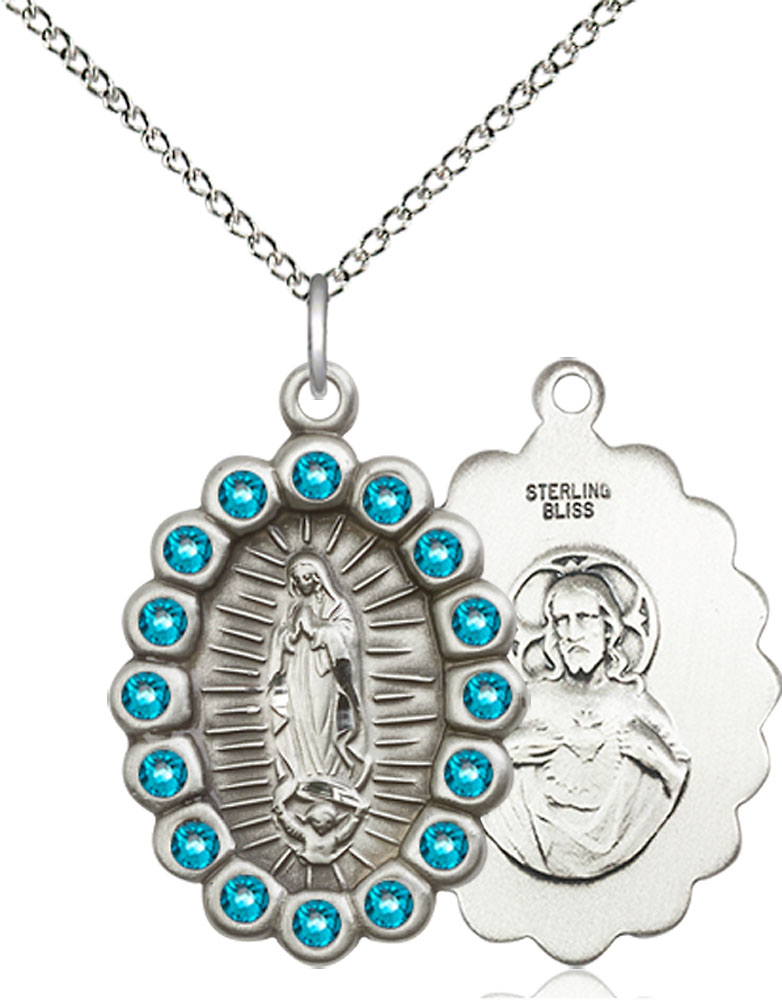 Sterling Silver Our Lady of Guadalupe Pendant with Zircon Swarovski stones on a 18 inch Sterling Silver Light Curb chain