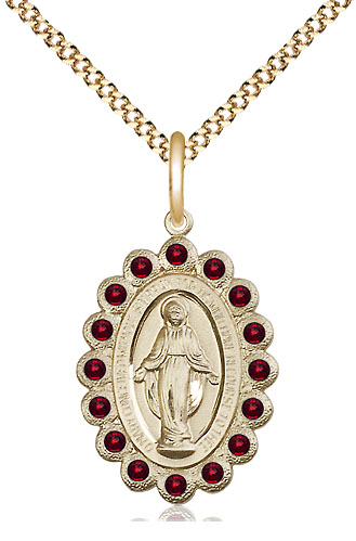 14kt Gold Filled Miraculous Pendant with Garnet Swarovski stones on a 18 inch Gold Plate Light Curb chain