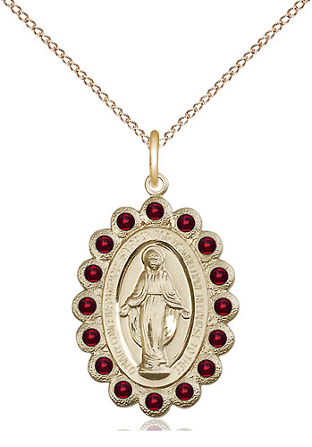 14kt Gold Filled Miraculous Pendant with Garnet Swarovski stones on a 18 inch Gold Filled Light Curb chain