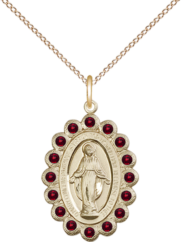 14kt Gold Filled Miraculous Pendant with Garnet Swarovski stones on a 18 inch Gold Filled Light Curb chain