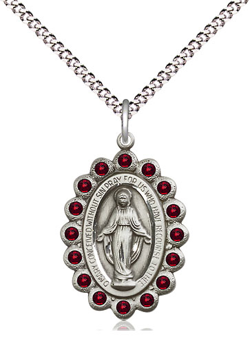 Sterling Silver Miraculous Pendant with Garnet Swarovski stones on a 18 inch Light Rhodium Light Curb chain
