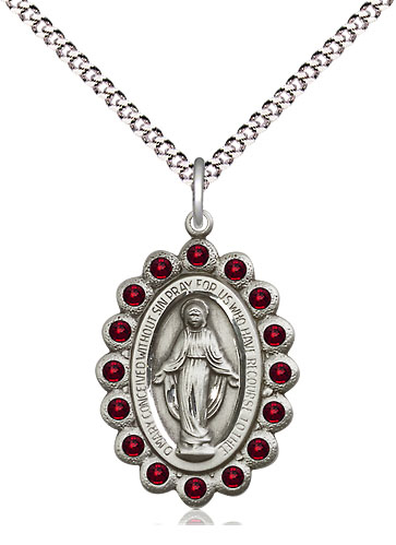 Sterling Silver Miraculous Pendant with Garnet Swarovski stones on a 18 inch Light Rhodium Light Curb chain
