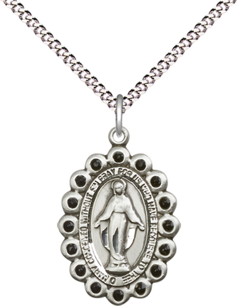 Sterling Silver Miraculous Pendant with Jet Swarovski stones on a 18 inch Light Rhodium Light Curb chain
