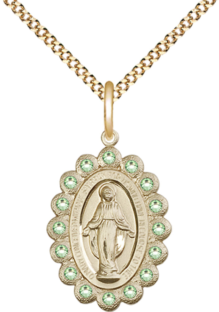 14kt Gold Filled Miraculous Pendant with Peridot Swarovski stones on a 18 inch Gold Plate Light Curb chain