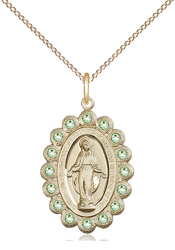 14kt Gold Filled Miraculous Pendant with Peridot Swarovski stones on a 18 inch Gold Filled Light Curb chain