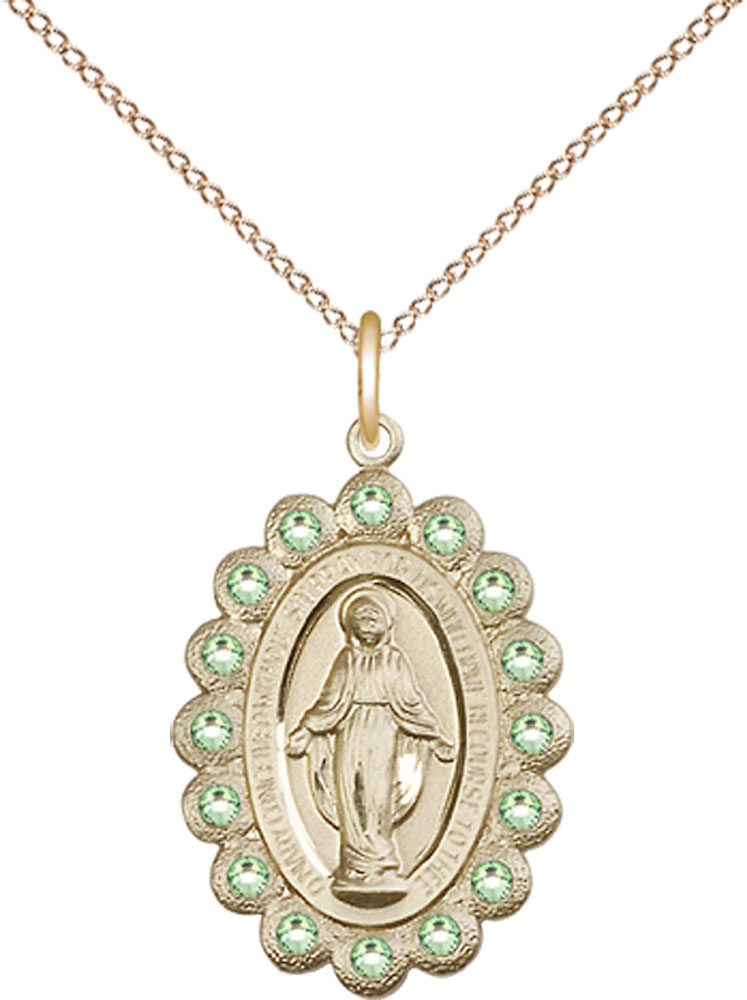 14kt Gold Filled Miraculous Pendant with Peridot Swarovski stones on a 18 inch Gold Filled Light Curb chain