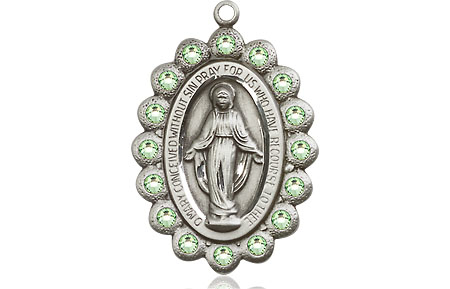 Sterling Silver Miraculous Medal with Peridot Swarovski stones