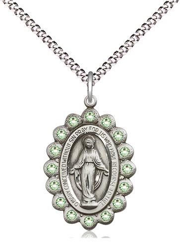 Sterling Silver Miraculous Pendant with Peridot Swarovski stones on a 18 inch Light Rhodium Light Curb chain