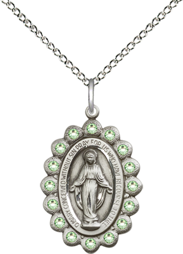 Sterling Silver Miraculous Pendant with Peridot Swarovski stones on a 18 inch Sterling Silver Light Curb chain