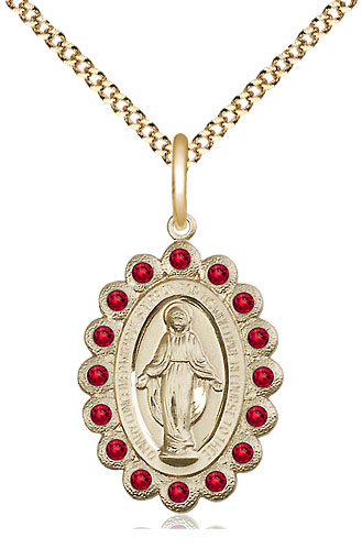 14kt Gold Filled Miraculous Pendant with Ruby Swarovski stones on a 18 inch Gold Plate Light Curb chain