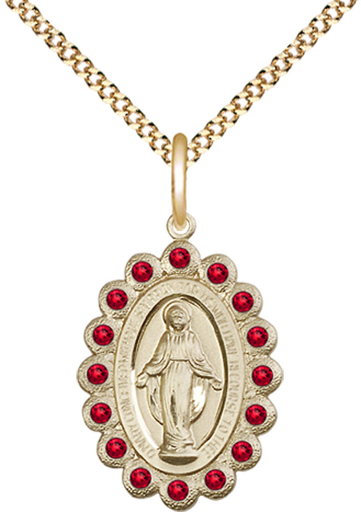 14kt Gold Filled Miraculous Pendant with Ruby Swarovski stones on a 18 inch Gold Plate Light Curb chain