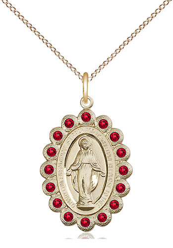 14kt Gold Filled Miraculous Pendant with Ruby Swarovski stones on a 18 inch Gold Filled Light Curb chain