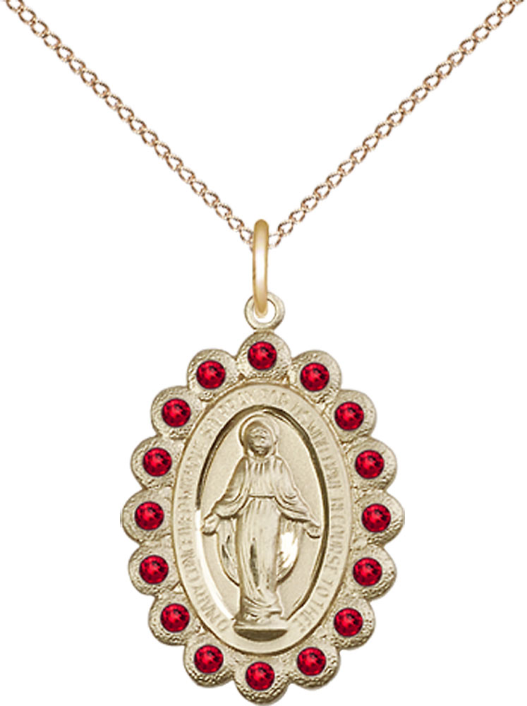 14kt Gold Filled Miraculous Pendant with Ruby Swarovski stones on a 18 inch Gold Filled Light Curb chain