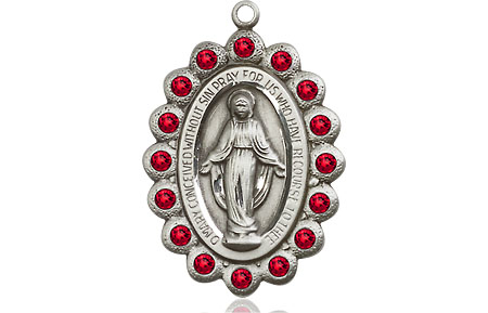 Sterling Silver Miraculous Medal with Ruby Swarovski stones