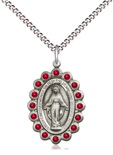 Sterling Silver Miraculous Pendant with Ruby Swarovski stones on a 18 inch Light Rhodium Light Curb chain