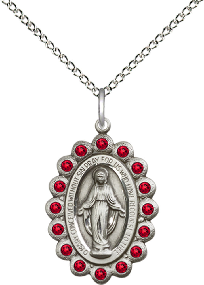 Sterling Silver Miraculous Pendant with Ruby Swarovski stones on a 18 inch Sterling Silver Light Curb chain