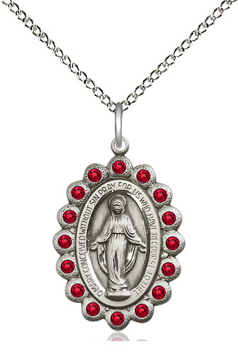 Sterling Silver Miraculous Pendant with Ruby Swarovski stones on a 18 inch Sterling Silver Light Curb chain