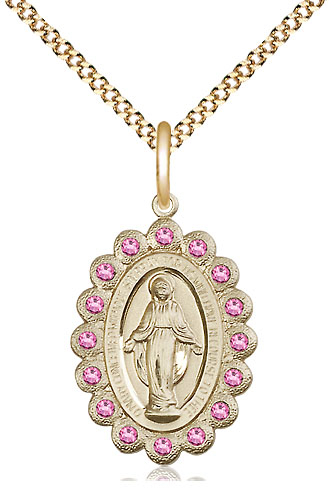14kt Gold Filled Miraculous Pendant with Rose Swarovski stones on a 18 inch Gold Plate Light Curb chain