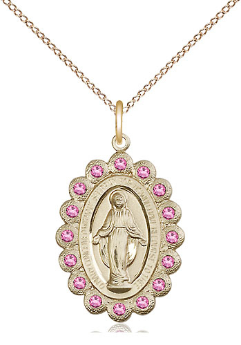 14kt Gold Filled Miraculous Pendant with Rose Swarovski stones on a 18 inch Gold Filled Light Curb chain